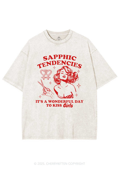 Sapphic Tendencies Kiss Girls Y2K Shirts Washed Tee Cherrykitten