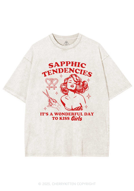 Sapphic Tendencies Kiss Girls Y2K Shirts Washed Tee Cherrykitten