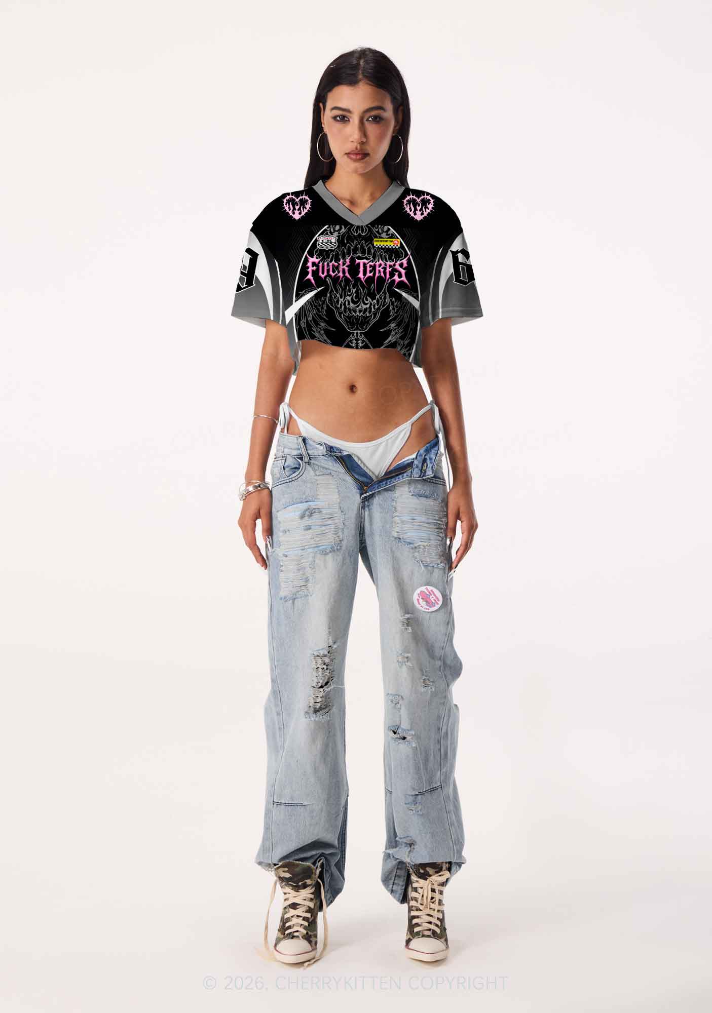 Fxxk Terfs Gothic Skull Pride Y2K Crop Sport Jersey Shirts Cherrykitten