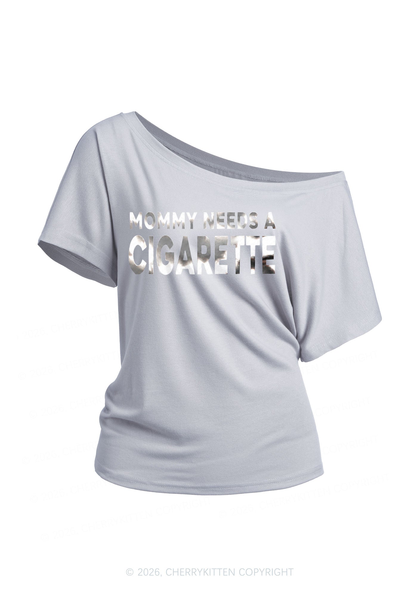 Mommy Needs A Cigarette Silver Foil Printed Y2K Off Shoulder Tee Cherrykitten