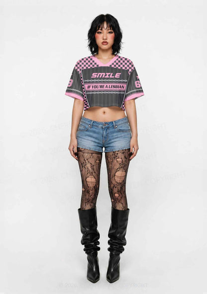 Grey Smile If You Are Lesbian Pride Y2K Crop Sport Jersey Shirts Cherrykitten