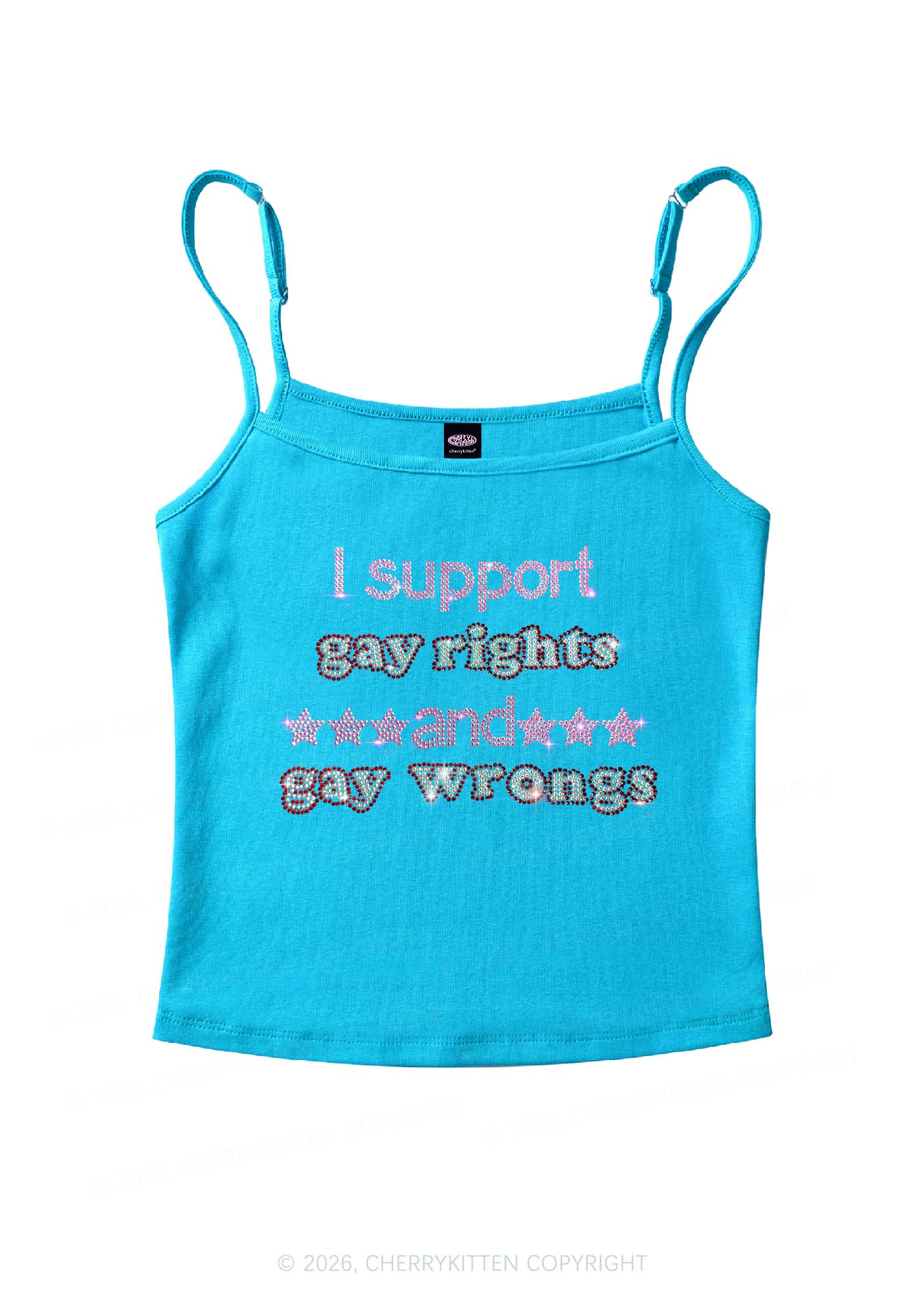 Rhinestone I Support Gay Rights Y2K Spaghetti Strap Cami Cherrykitten