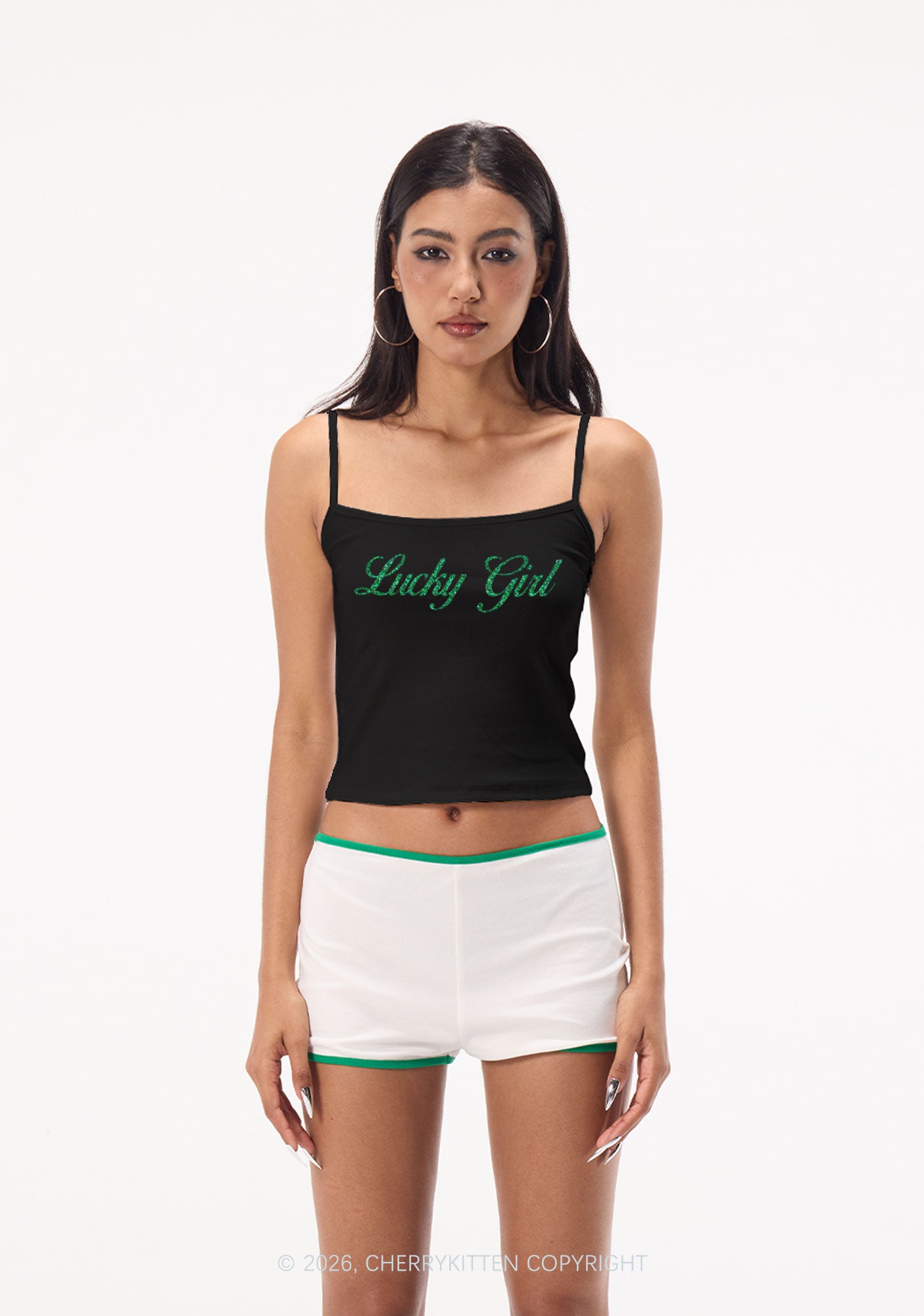 Glitter Lucky Girl St Patricks Y2K Spaghetti Strap Cami Cherrykitten