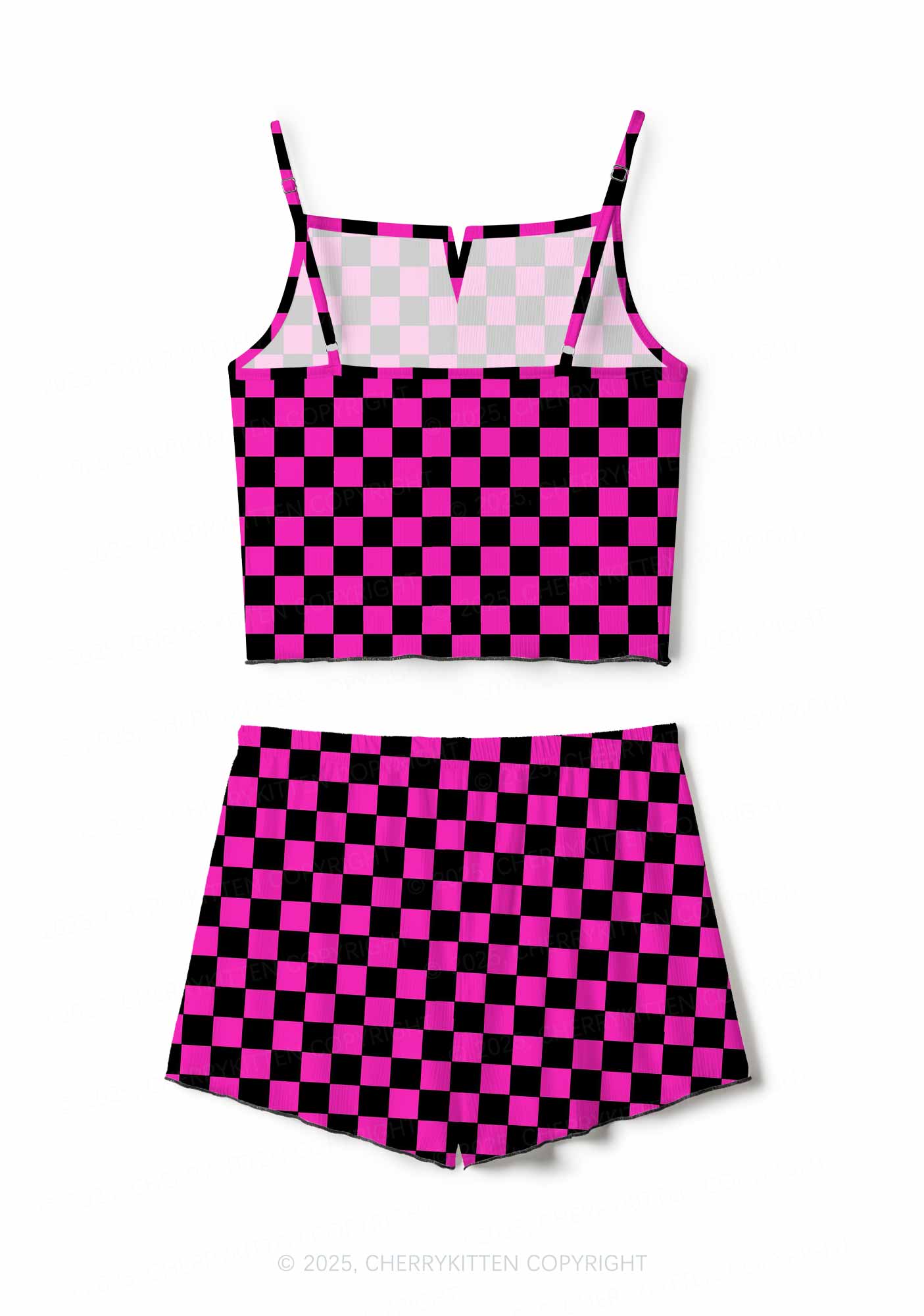 Black And Pink Check Valentine's Day Y2K Print Cami Shorts Pajama Set Cherrykitten