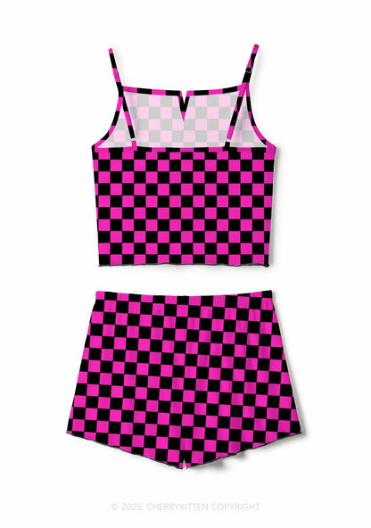 Black And Pink Check Valentine's Day Y2K Print Cami Shorts Pajama Set Cherrykitten