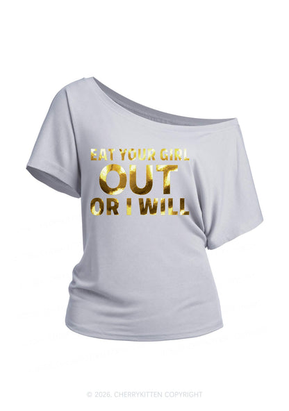 Eat Your Girl Out Silver Foil Printed Y2K Off Shoulder Tee Cherrykitten