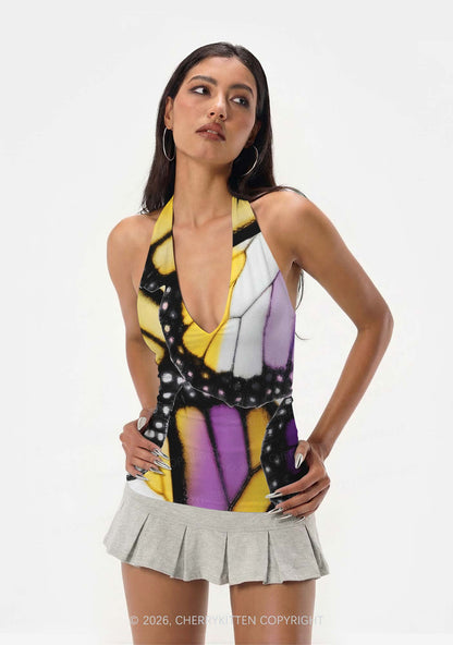 Nonbinary Butterfly Wing Pride Y2K Print Halter Deep V Neck Cami Cherrykitten