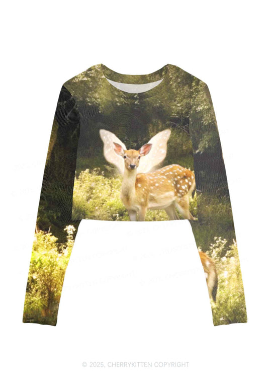 Forest Deer Y2K Mesh Long Sleeve Crop Top Cherrykitten