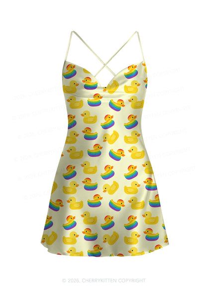 Rainbow Ducks Pride  Y2K Print Satin Cowl Neck Slip Dress Cherrykitten