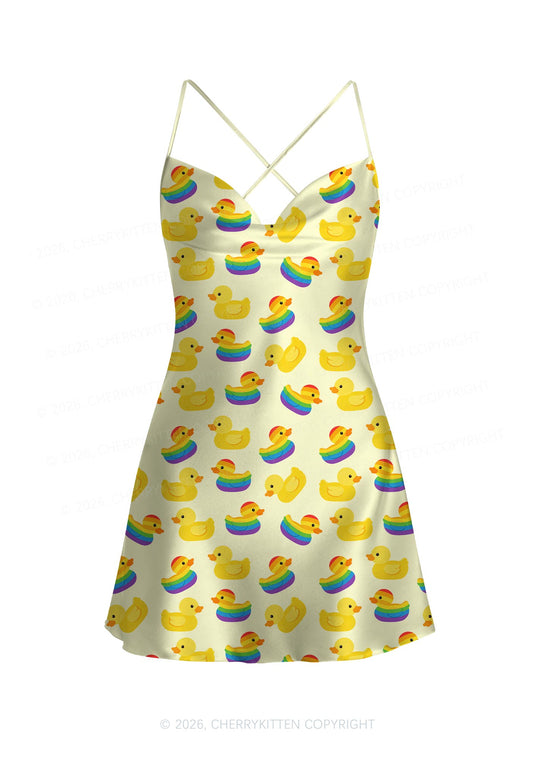 Rainbow Ducks Pride  Y2K Print Satin Cowl Neck Slip Dress Cherrykitten