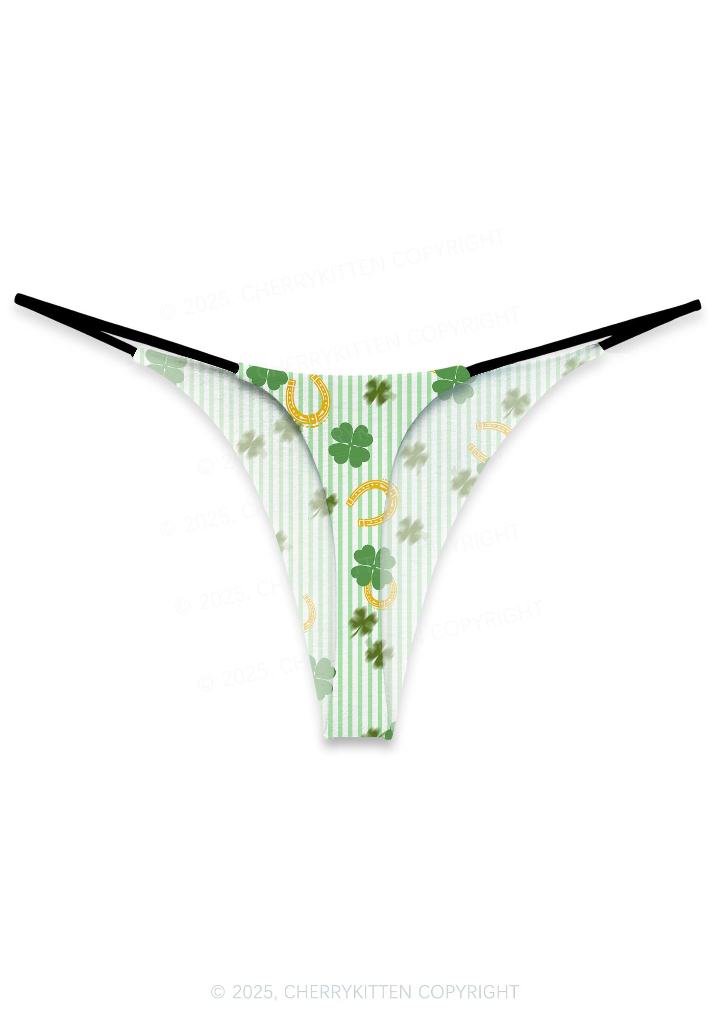 Green Stripe Clover Horseshoe St Patricks Y2K Print Bikini String Thong Cherrykitten