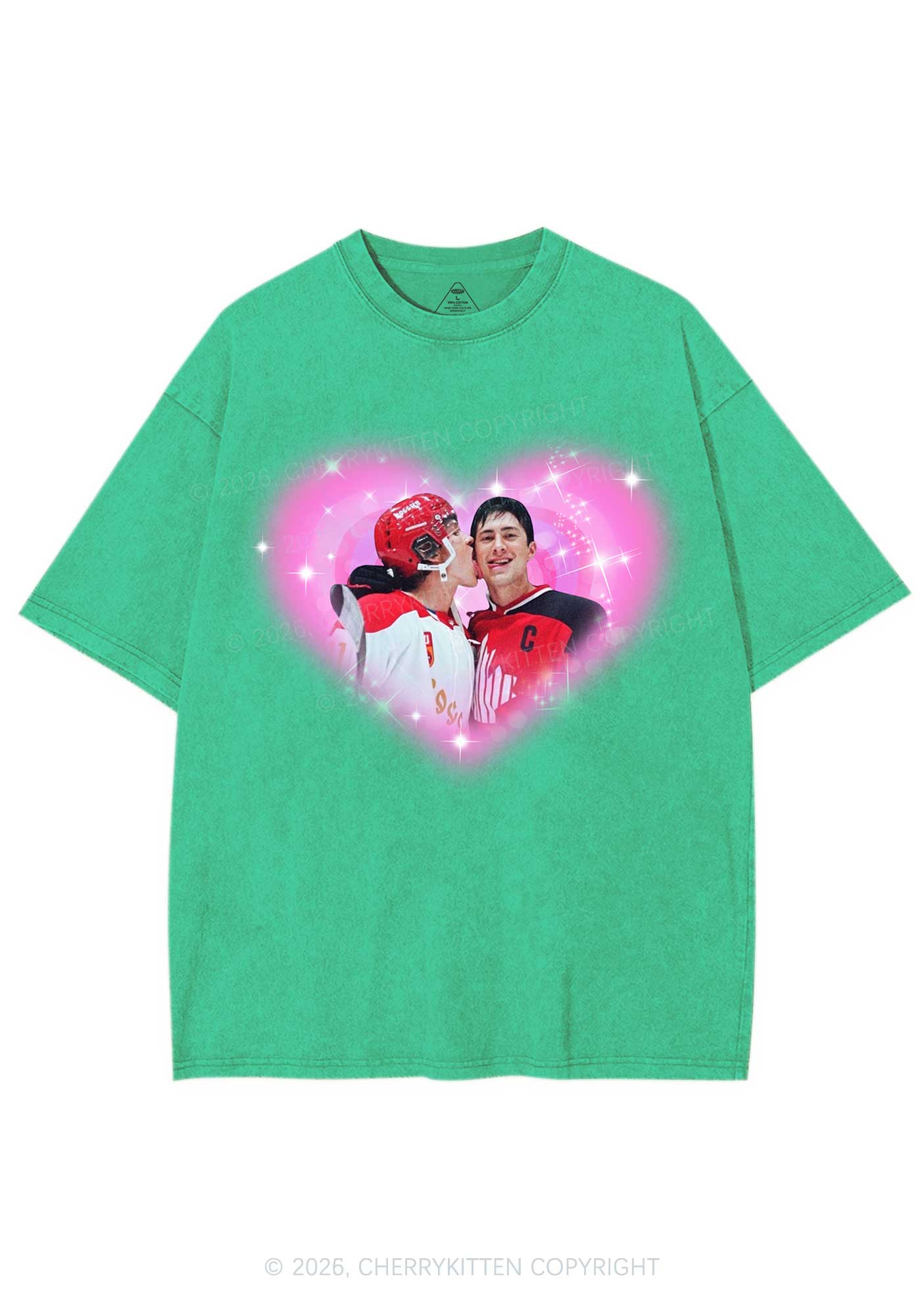 Sparkle Pink Heart Kissing Y2K Shirts Washed Tee Cherrykitten