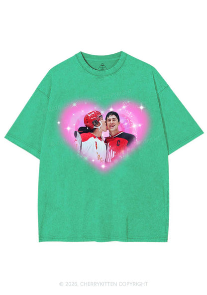Sparkle Pink Heart Kissing Y2K Shirts Washed Tee Cherrykitten