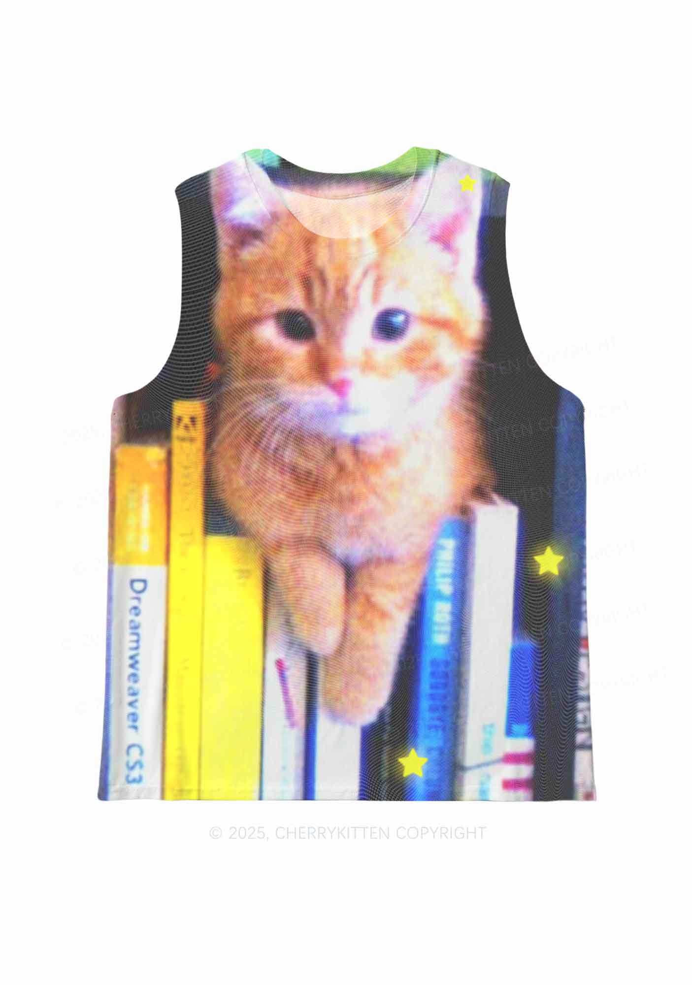 Feline Bookworm Y2K Mesh Muscle Tank Cherrykitten