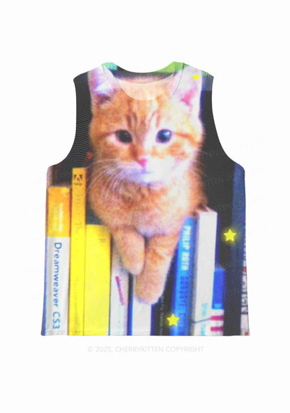 Feline Bookworm Y2K Mesh Muscle Tank Cherrykitten
