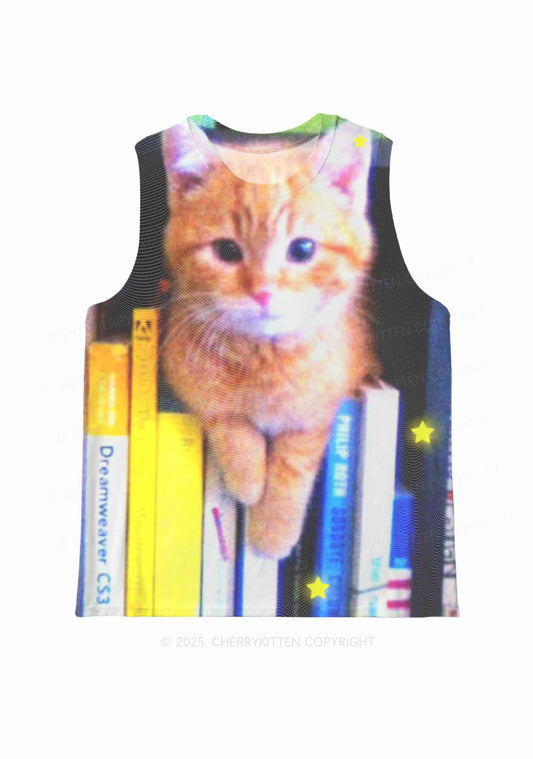 Feline Bookworm Y2K Mesh Muscle Tank Cherrykitten