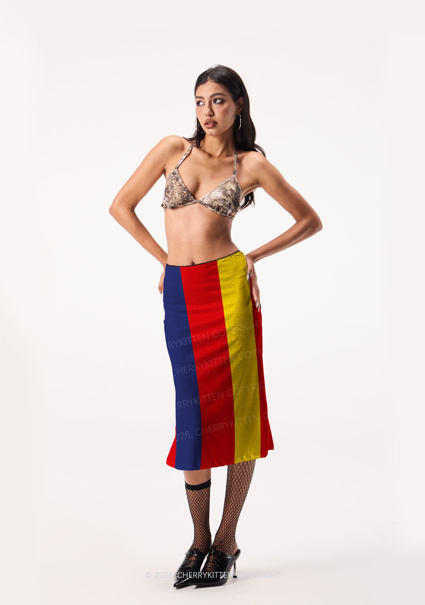 Red Navy Yellow Vertical Stripe Y2K Print Midi Skirt Cherrykitten