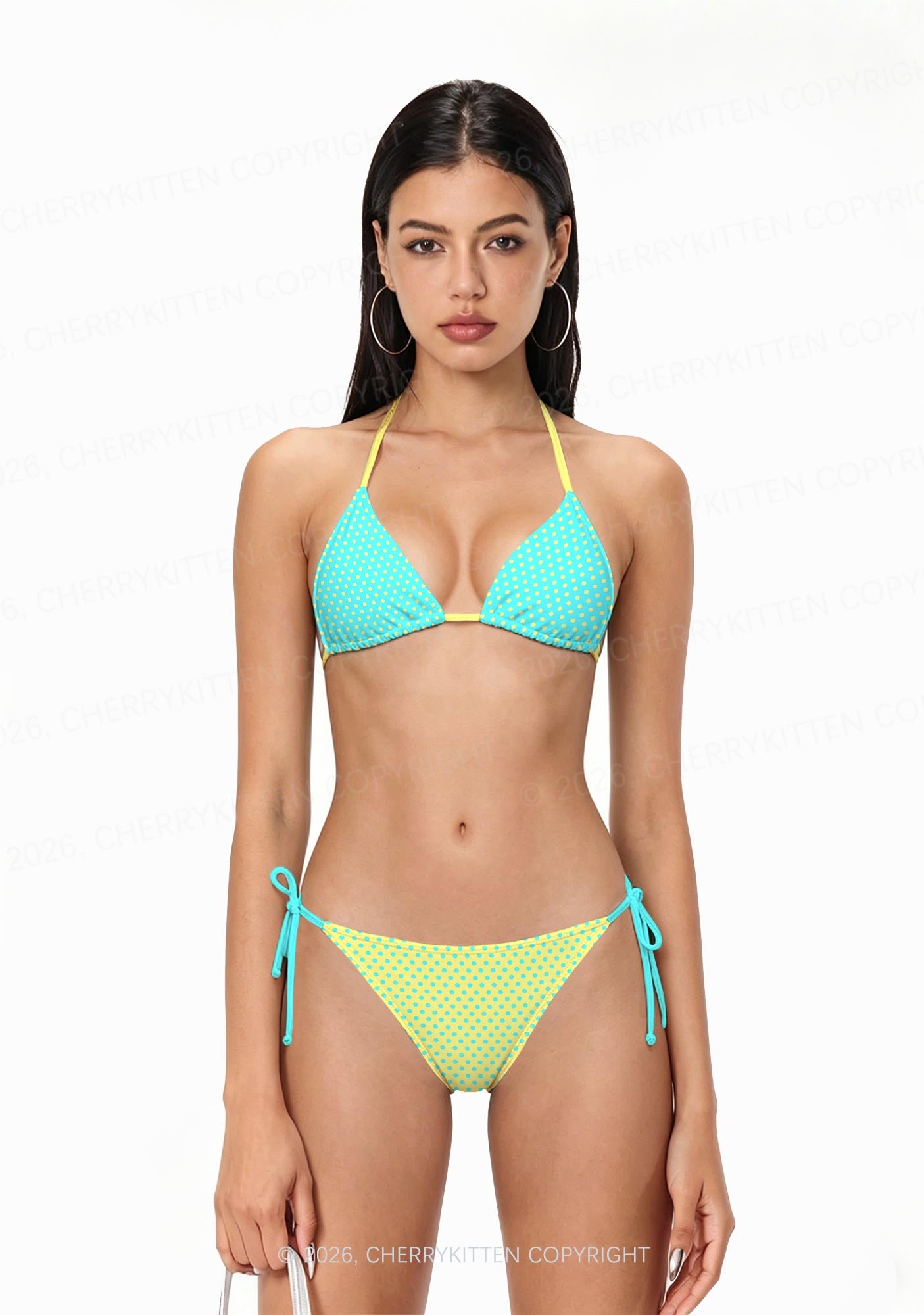 Yellow Dots On Green Y2K Print Bikini Set Cherrykitten