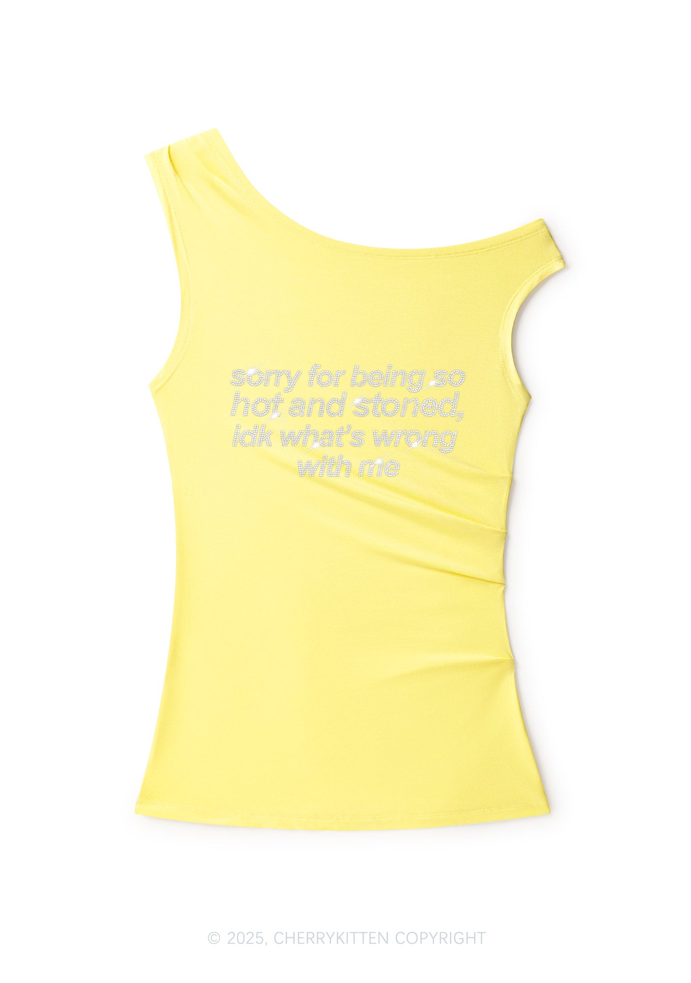 Rhinestone Sorry For Being Hot And Stoned Y2K Off Shoulder Tank Top Cherrykitten