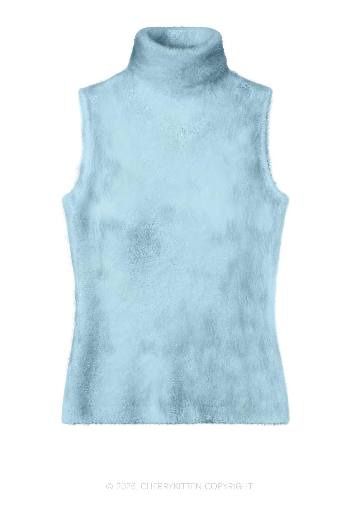 Plain Light Blue Y2K Knit Turtleneck Tank Top Cherrykitten