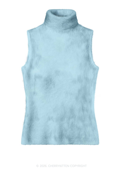 Plain Light Blue Y2K Knit Turtleneck Tank Top Cherrykitten