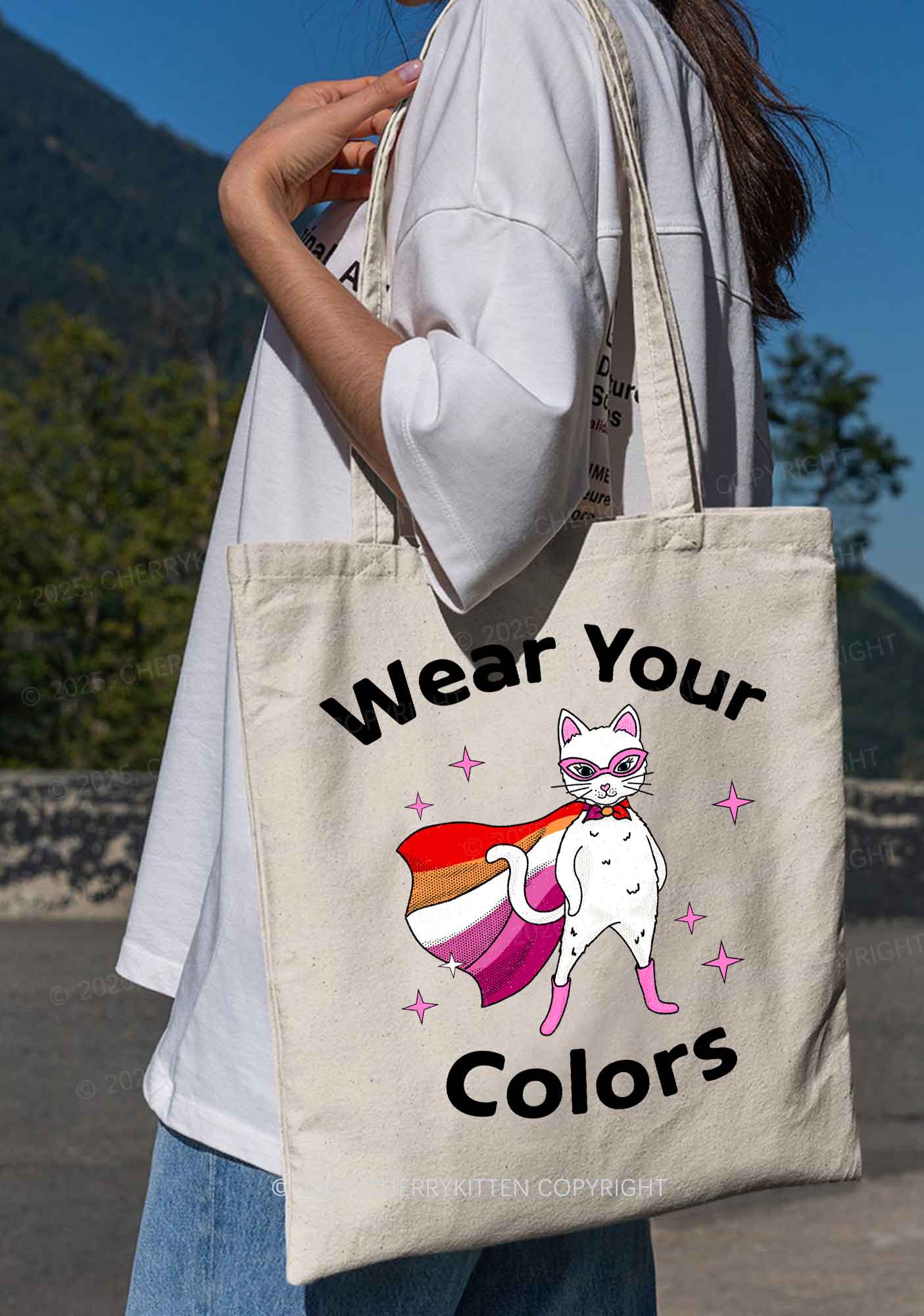 Lesbian Flag Cat Pride Y2K Canvas Tote Bag Cherrykitten
