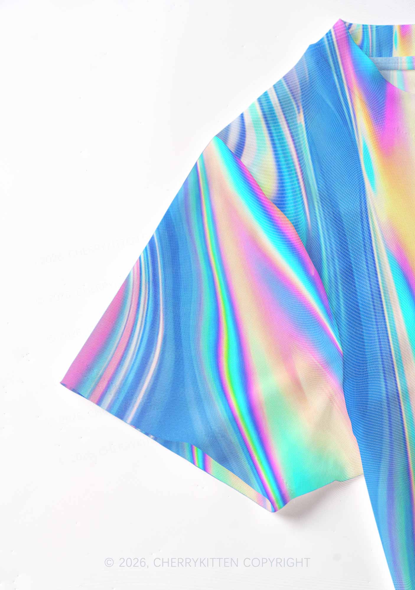 Holographic Iridescent Swirl Y2K Mesh Crop Top Cherrykitten