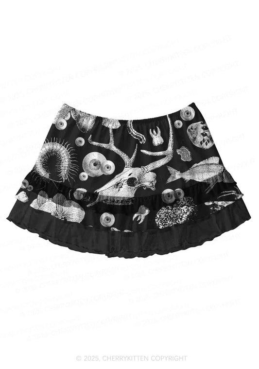Halloween Dark Sheep Bone Y2K Print Mini Layered Skirt Cherrykitten