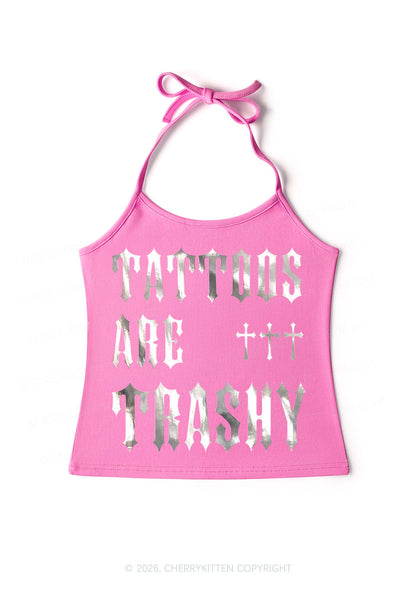 Tattoos Are Trashy Silver Foil Printed Y2K Halter Neck Cami Cherrykitten