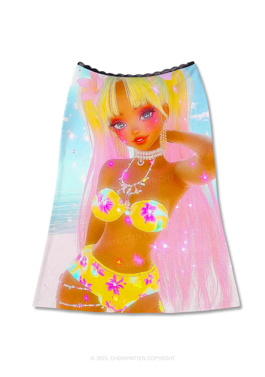Flower Princess Y2K Print Midi Skirt Cherrykitten