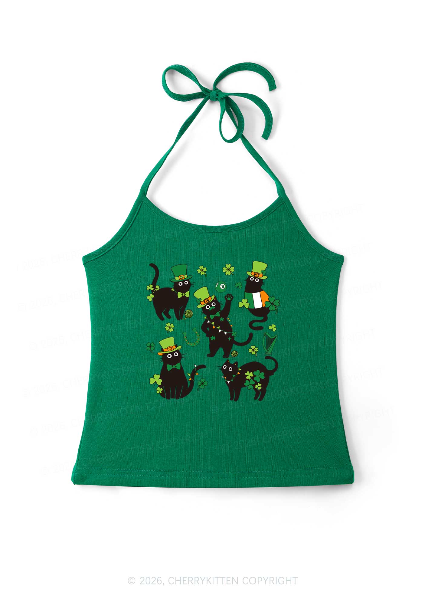 Shamrock Dancing Cats St Patricks Y2K Halter Neck Cami Cherrykitten