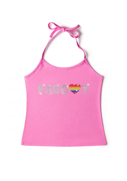 Rhinestone Rainbow Heart Faggot Pride Y2K Halter Neck Cami Cherrykitten