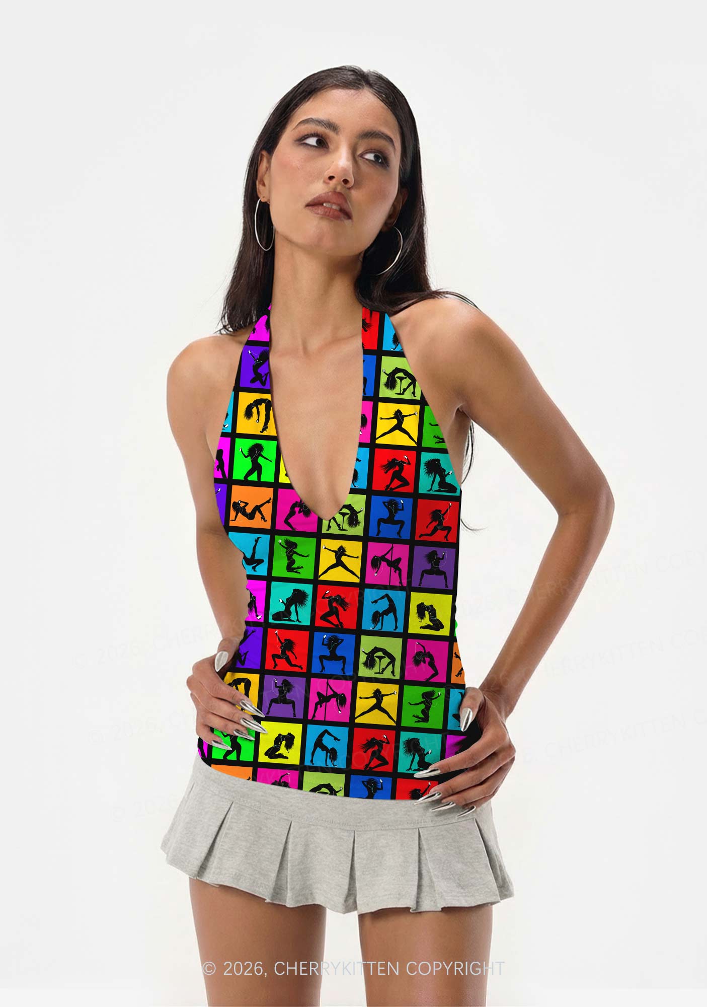 Dancer Silhouette Y2K Print Halter Deep V Neck Cami Cherrykitten
