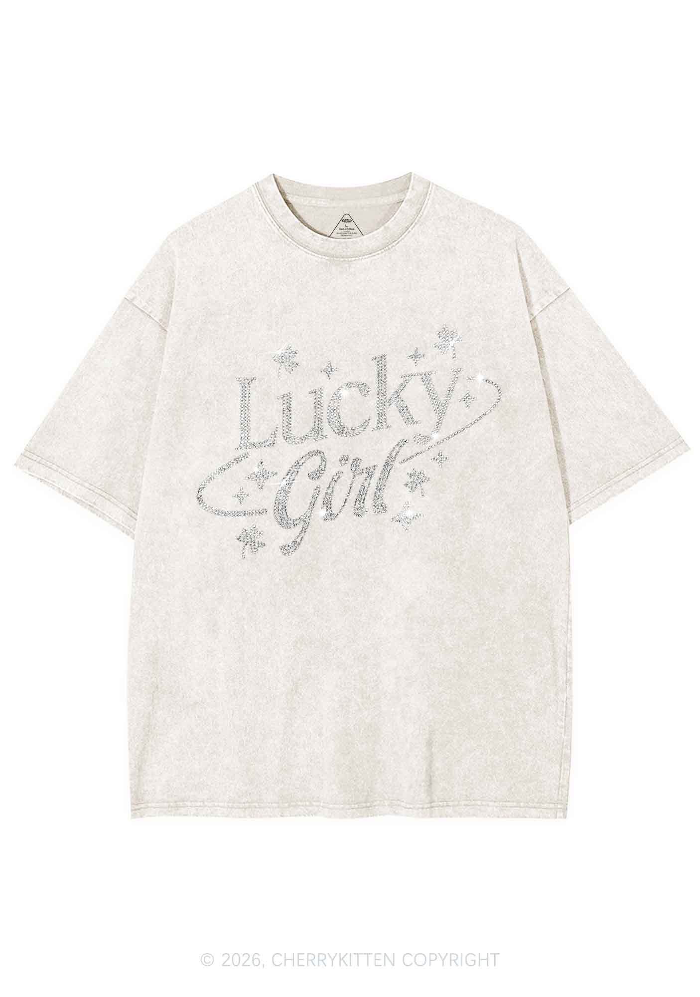 Rhinestone Lucky Girl St Patricks Y2K Shirts Washed Tee Cherrykitten