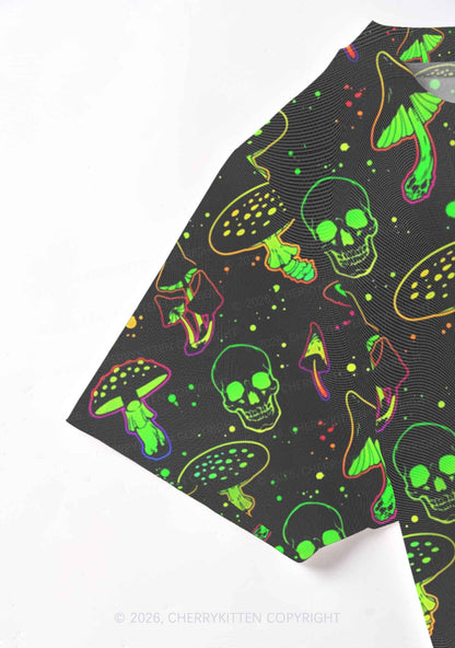 Neon Skull Mushroom Y2K Mesh Crop Top Cherrykitten