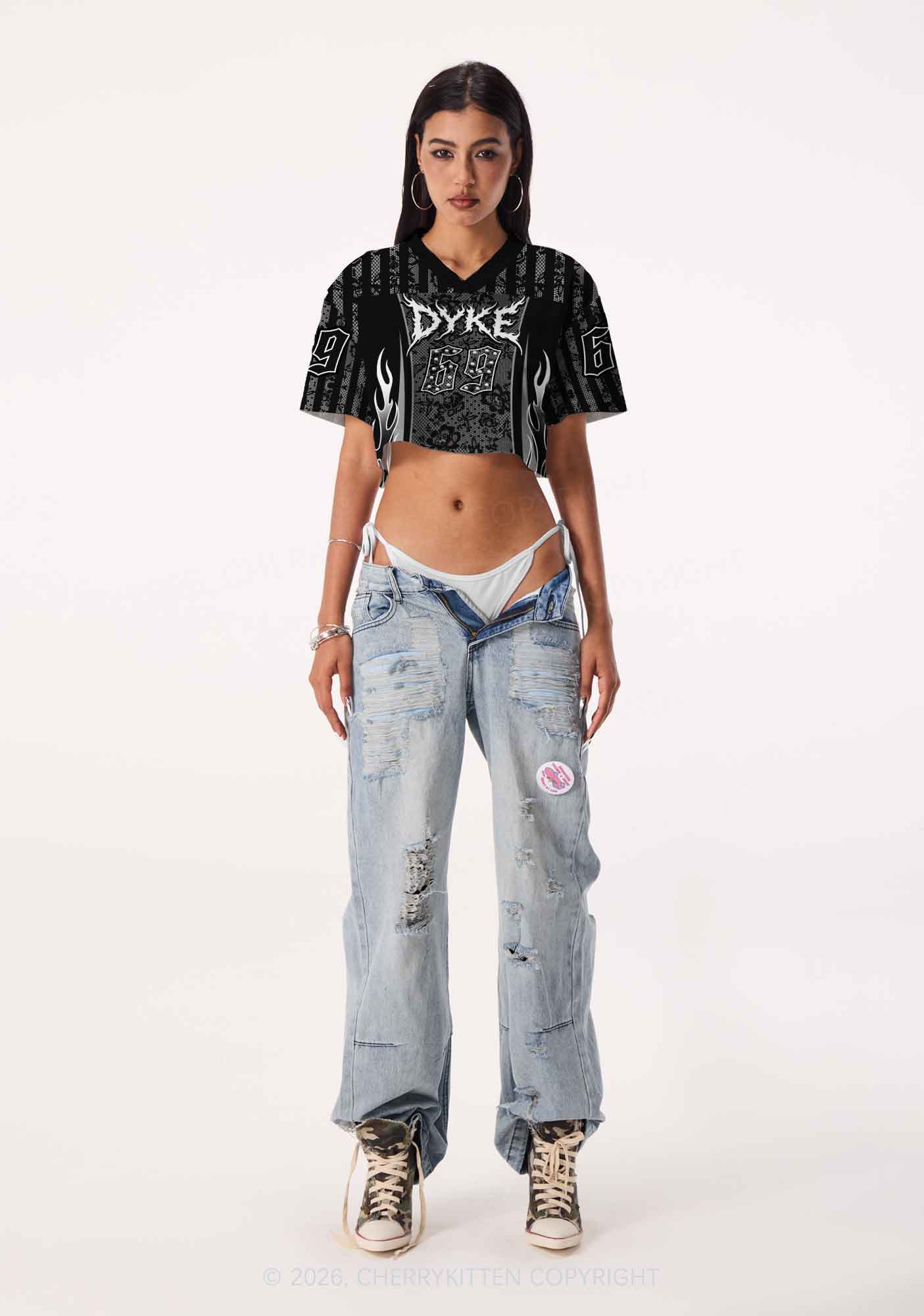 Punk Rivets Dyke Pride Y2K Crop Sport Jersey Shirts Cherrykitten