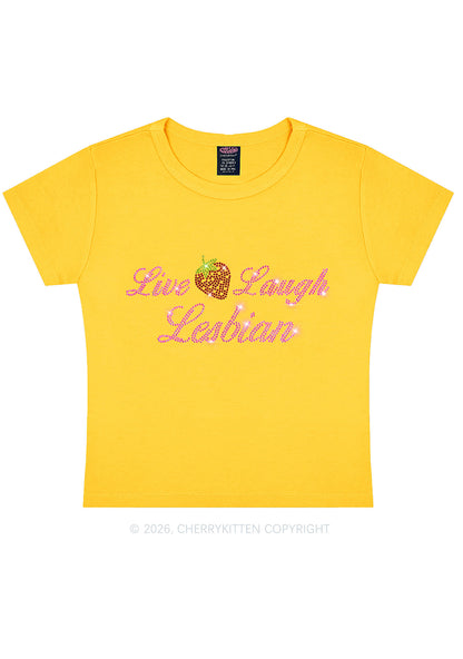 Rhinestone Live Laugh Lesbian Strawberry Pride Y2K Baby Tee Cherrykitten