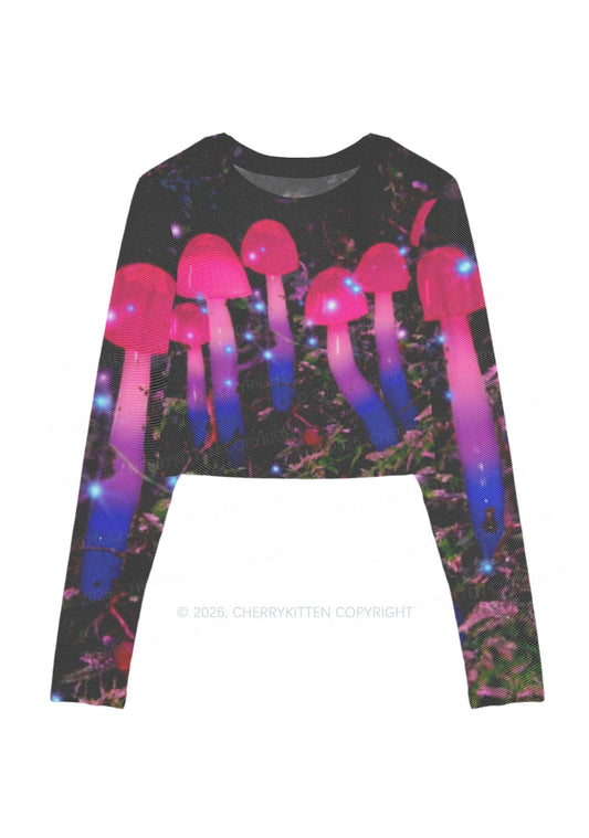 Bisexual Glowing Mushroom Pride Y2K Mesh Long Sleeve Crop Top Cherrykitten