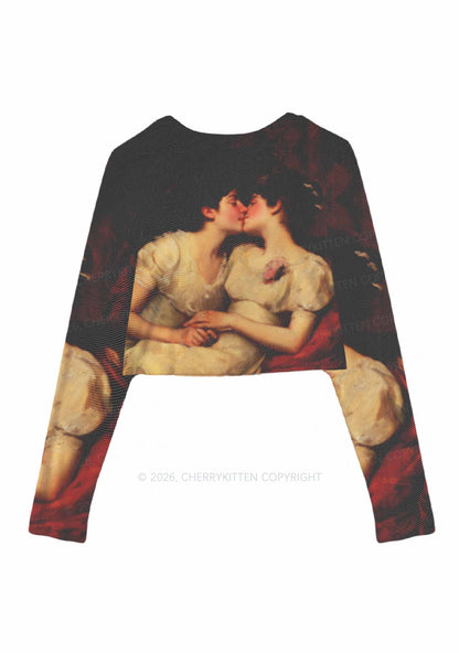 Vintage Women Kissing Pride Y2K Mesh Long Sleeve Crop Top Cherrykitten