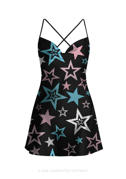 Trans Star Pride Y2K Print Satin Cowl Neck Slip Dress Cherrykitten