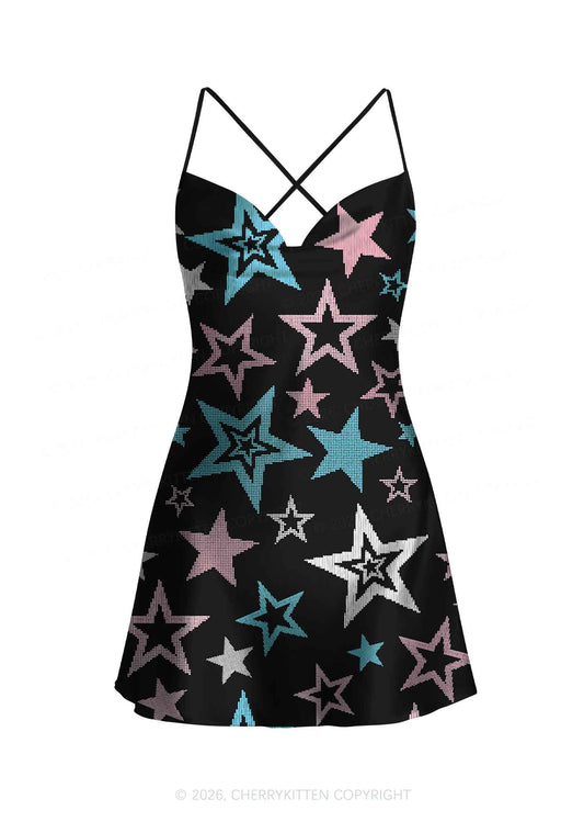 Trans Star Pride Y2K Print Satin Cowl Neck Slip Dress Cherrykitten