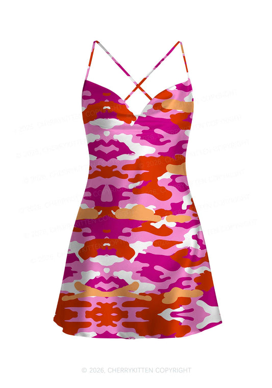 Lesbian Camouflage Pride Y2K Print Satin Cowl Neck Slip Dress Cherrykitten