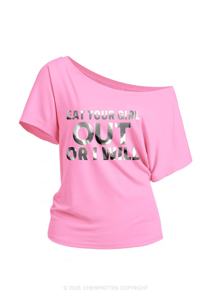 Eat Your Girl Out Silver Foil Printed Y2K Off Shoulder Tee Cherrykitten