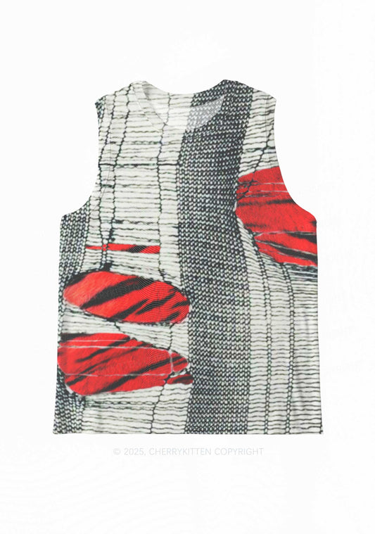 Tiger Striped Red Block Y2K Mesh Muscle Tank Cherrykitten