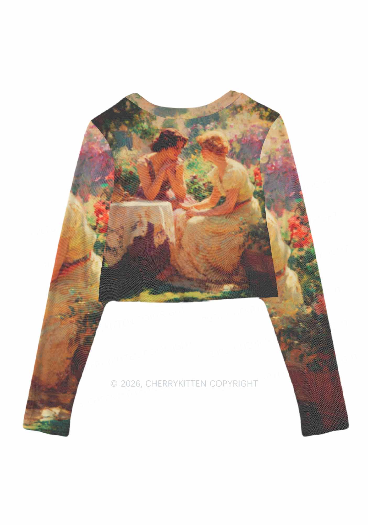 Garden Chat Pride Y2K Mesh Long Sleeve Crop Top Cherrykitten