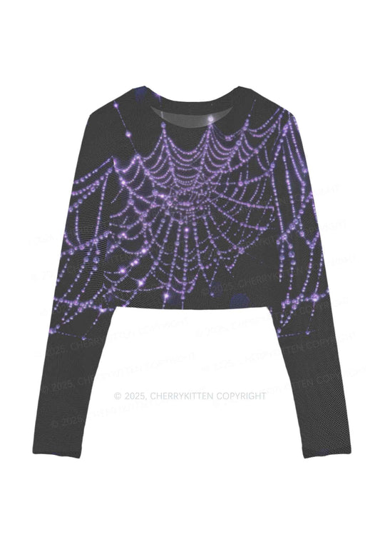 Glistening Spiderweb Y2K Mesh Long Sleeve Crop Top Cherrykitten