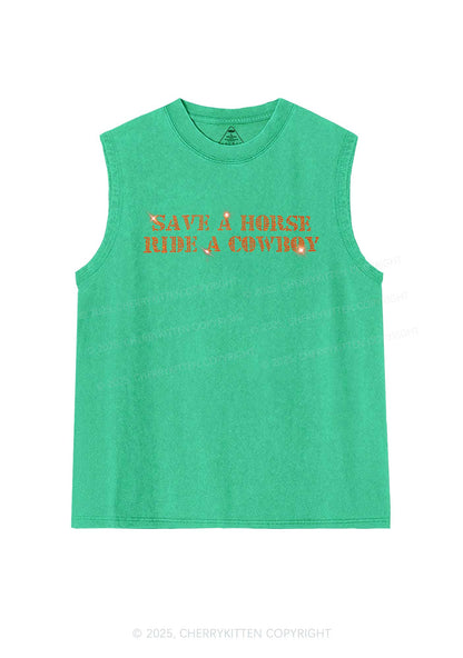Rhinestone Save A Horse Ride A Cowboy Y2K Washed Muscle Tank Cherrykitten