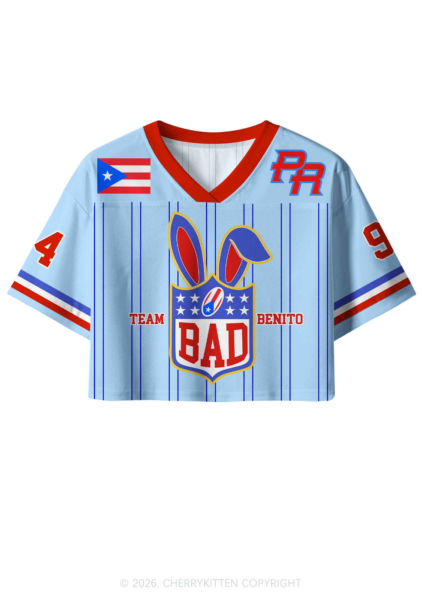 Blue Stripe Football Bunny Y2K Crop Sport Jersey Shirts Cherrykitten