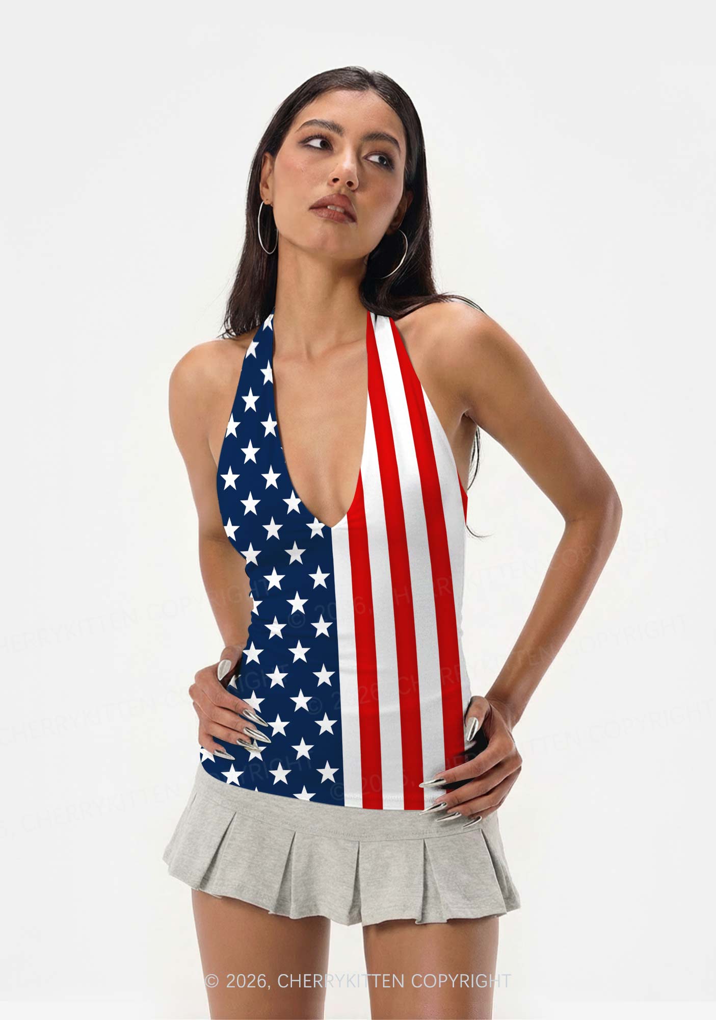 Navy Star Red White Stripe Y2K Print Halter Deep V Neck Cami Cherrykitten