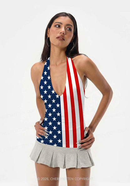 Navy Star Red White Stripe Y2K Print Halter Deep V Neck Cami Cherrykitten